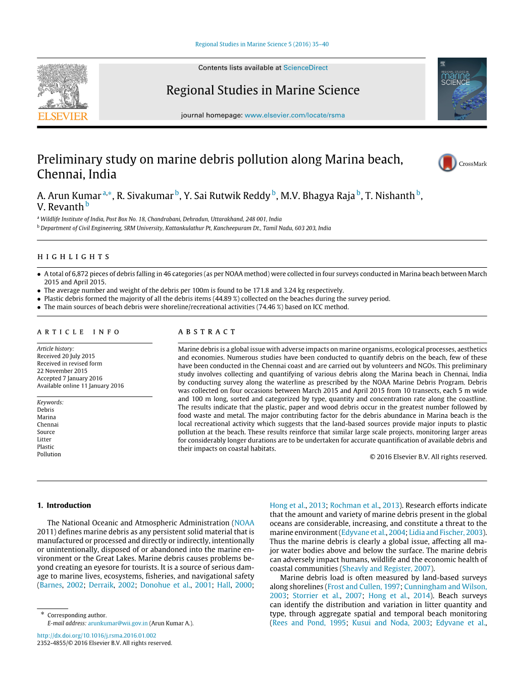 Preliminary Study on Marine Debris Pollution Along Marina Beach, Chennai, India