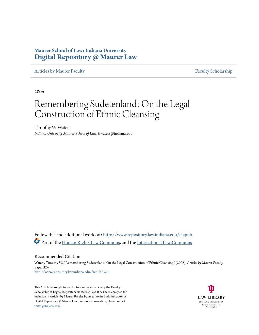 Remembering Sudetenland: on the Legal Construction of Ethnic Cleansing Timothy W