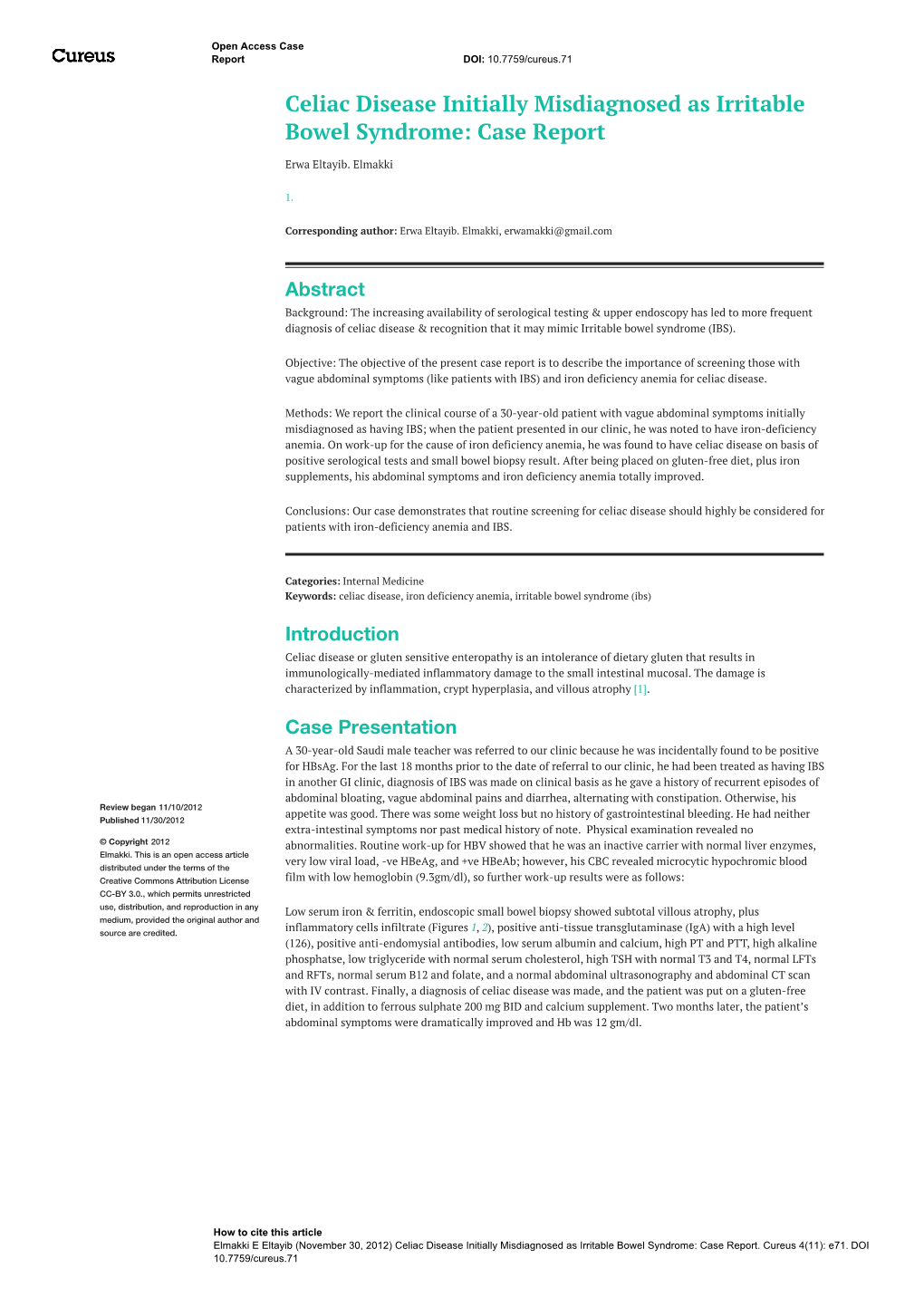 Celiac Disease Initially Misdiagnosed As Irritable Bowel Syndrome: Case Report