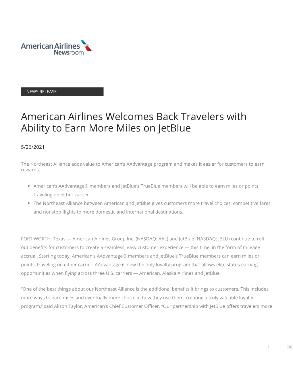 American Airlines Welcomes Back Travelers with Ability to Earn More Miles on Jetblue