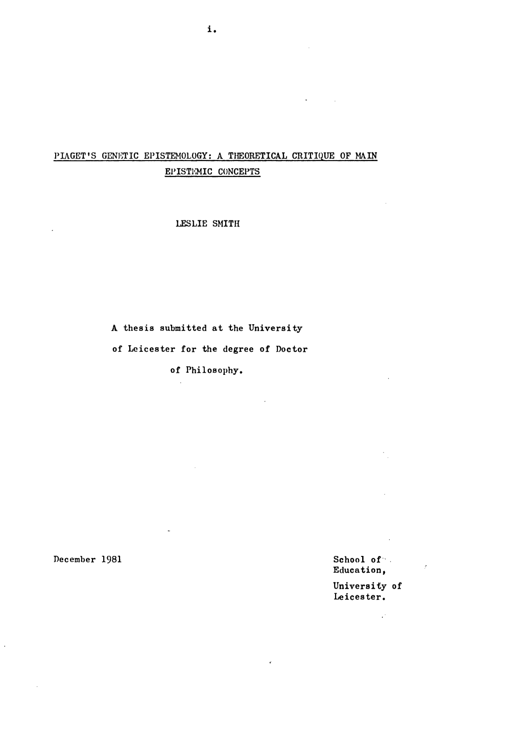 Piaget»S Genictic Epistemology; a Theoretical Critique of Ma.In Epistemic Concepts