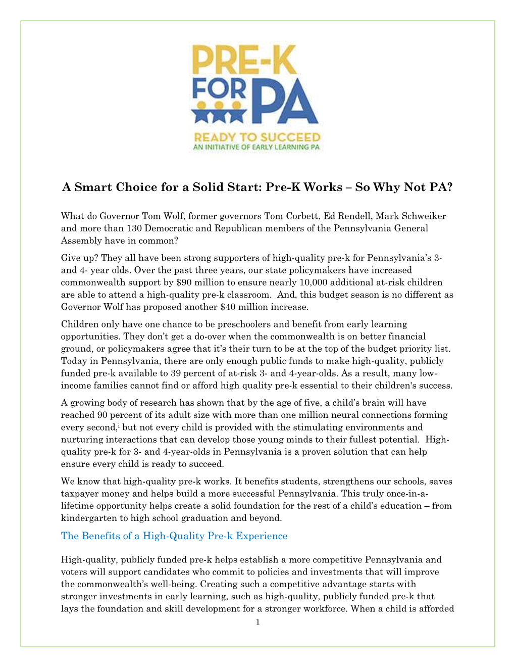 A Smart Choice for a Solid Start: Pre-K Works – So Why Not PA?