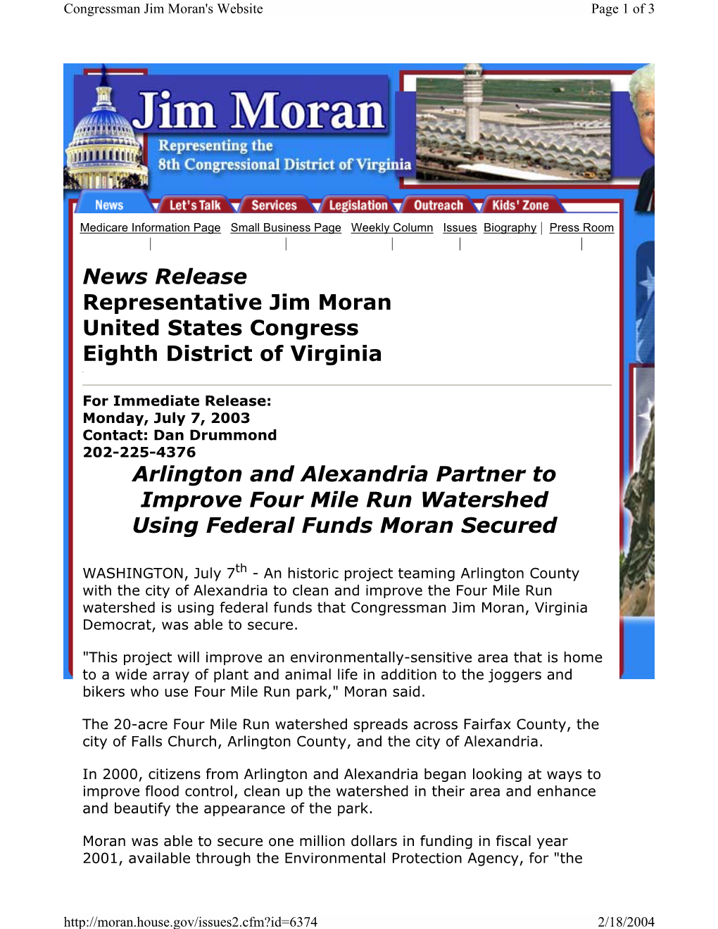 News Release Representative Jim Moran United States Congress Eighth District of Virginia