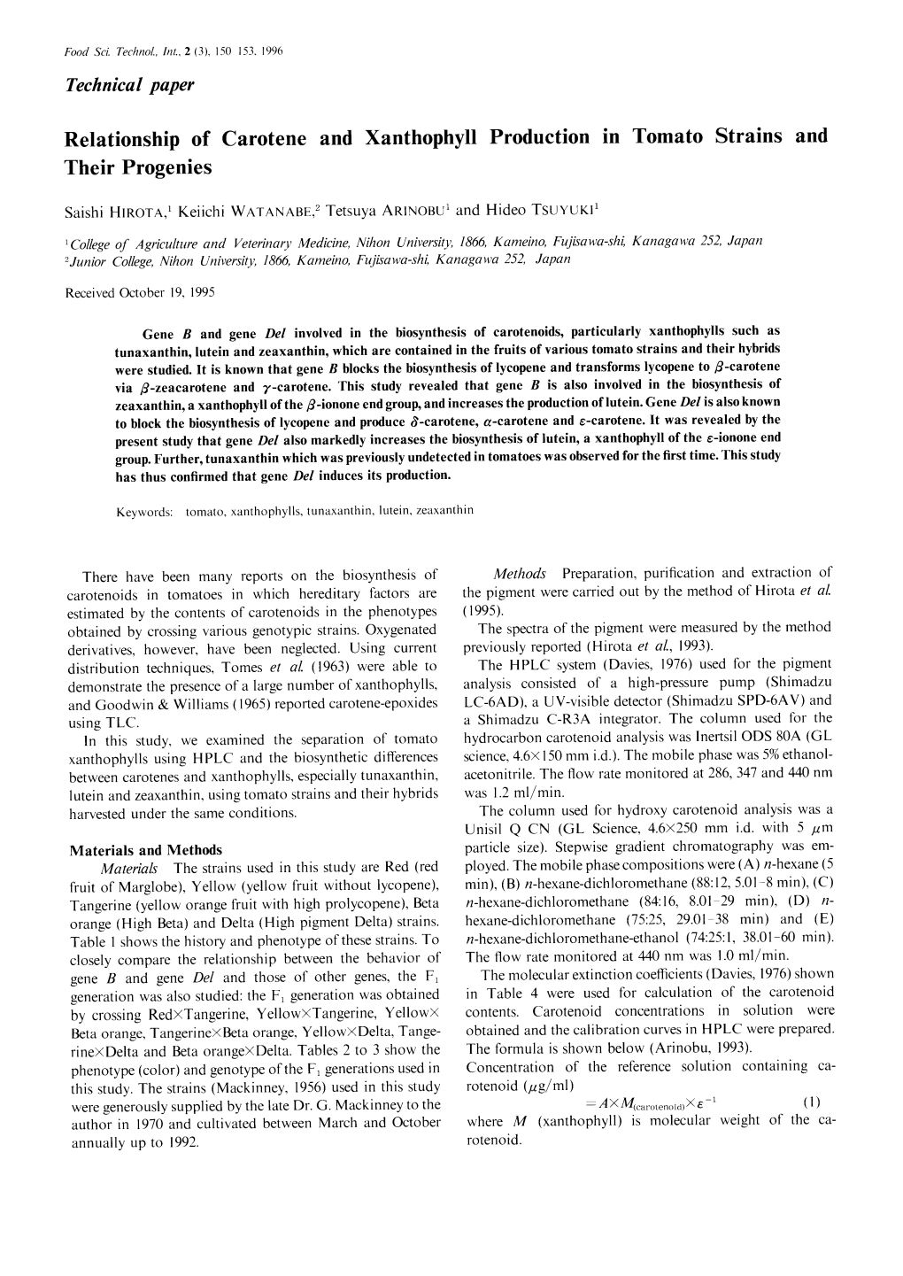 Carotene and Xanthophyll Production in Tomato Strains and Their Progenies