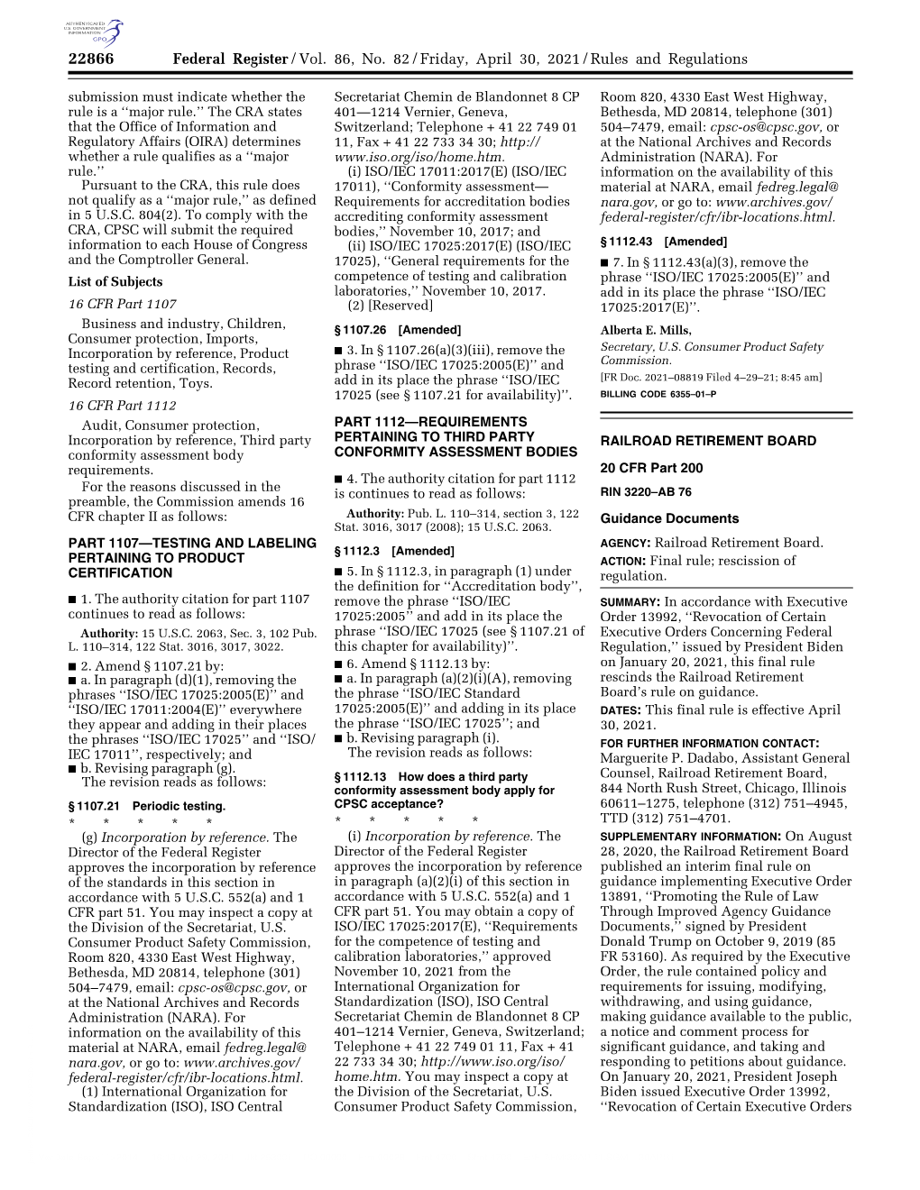 Federal Register/Vol. 86, No. 82/Friday, April 30, 2021/Rules And