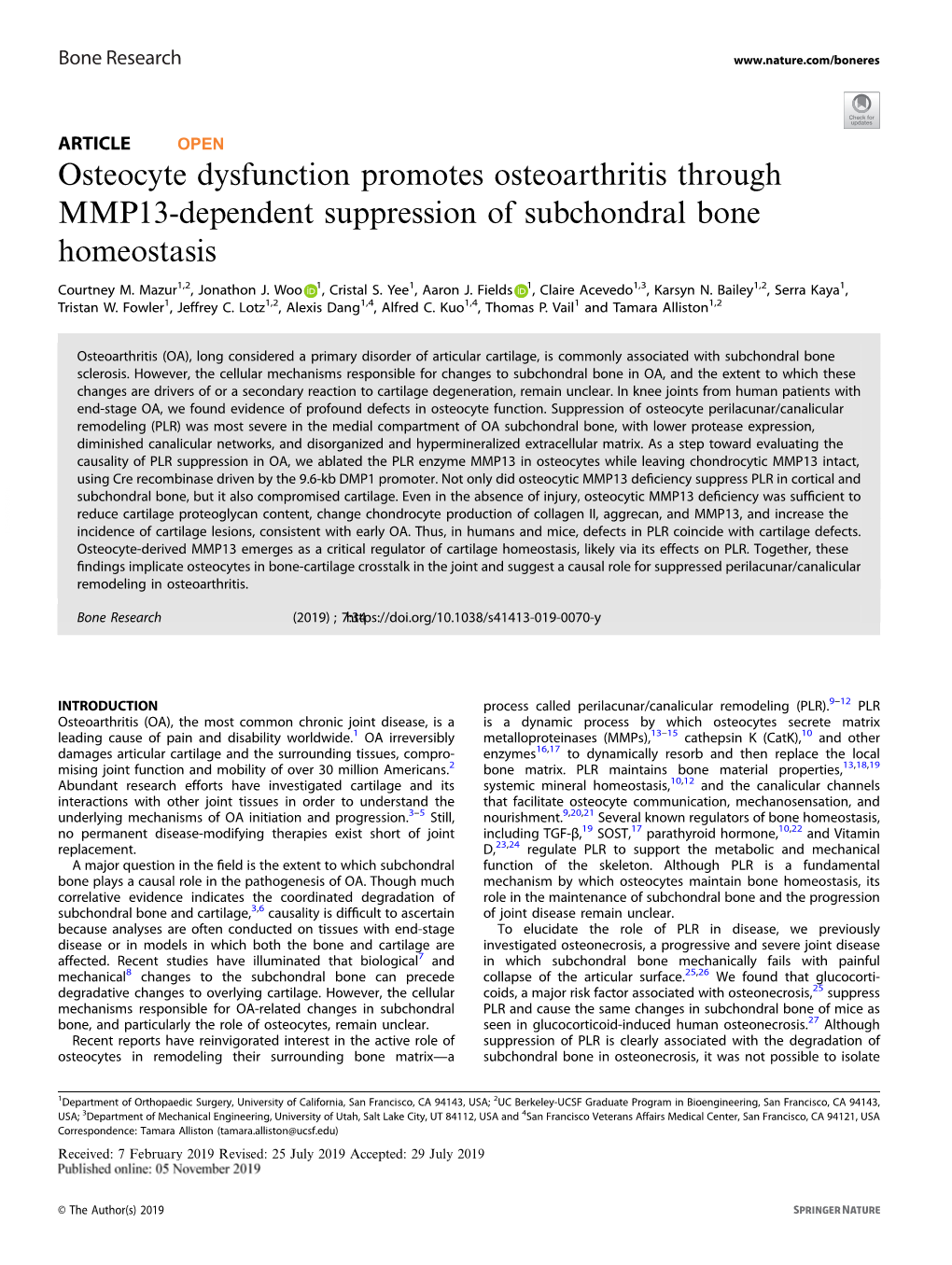 Osteocyte Dysfunction Promotes Osteoarthritis Through MMP13-Dependent Suppression of Subchondral Bone Homeostasis