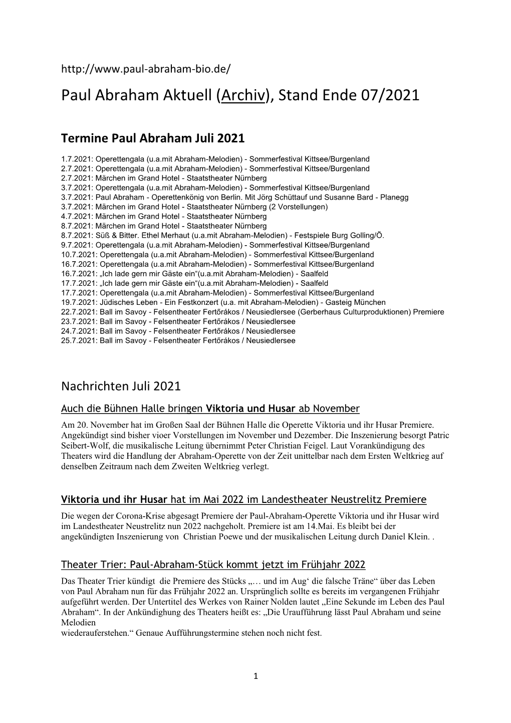 Paul Abraham Aktuell (Archiv), Stand Ende 07/2021