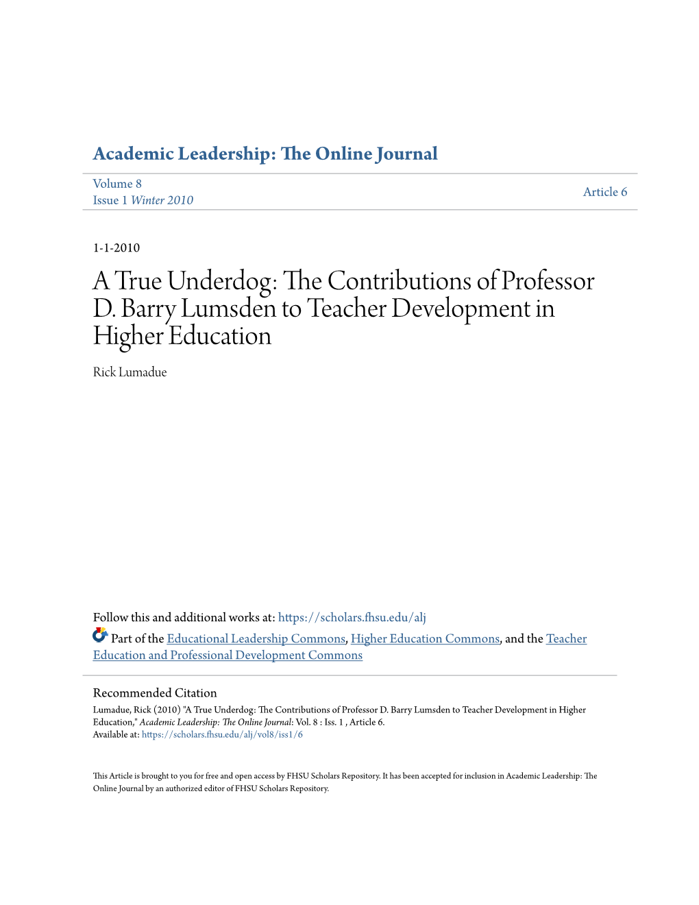The Contributions of Professor D. Barry Lumsden to Teacher Development in Higher Education