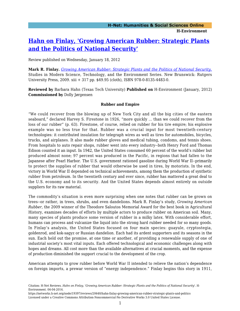 Hahn on Finlay, 'Growing American Rubber: Strategic Plants and the Politics of National Security'