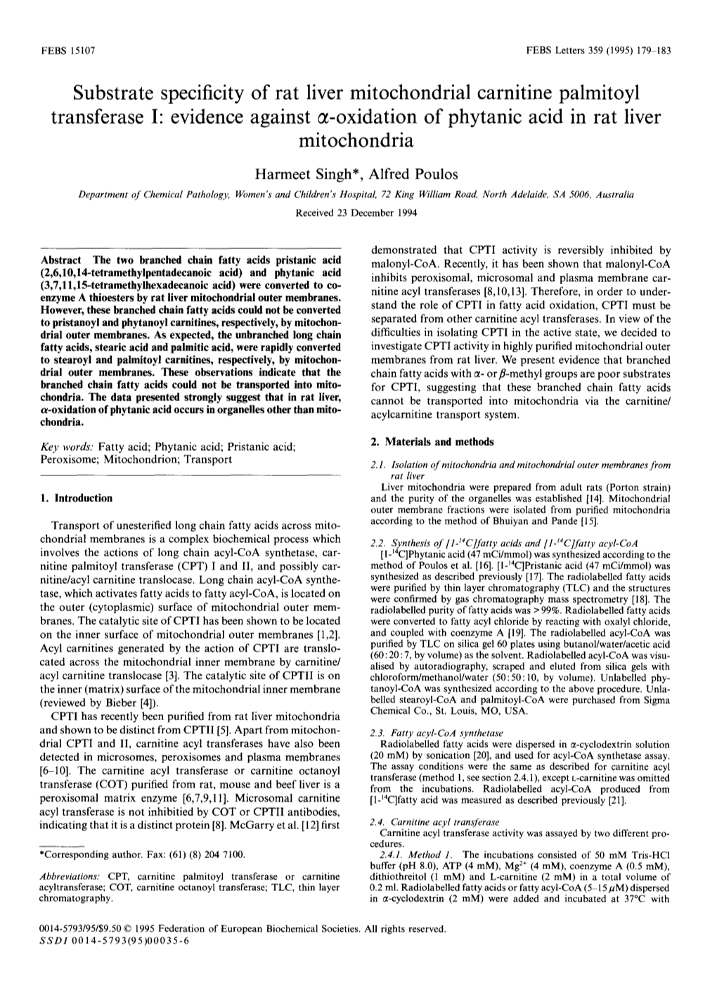 Substrate Specificity of Rat Liver Mitochondrial Carnitine Palmitoyl Transferase I: Evidence Against S-Oxidation of Phytanic Acid in Rat Liver Mitochondria