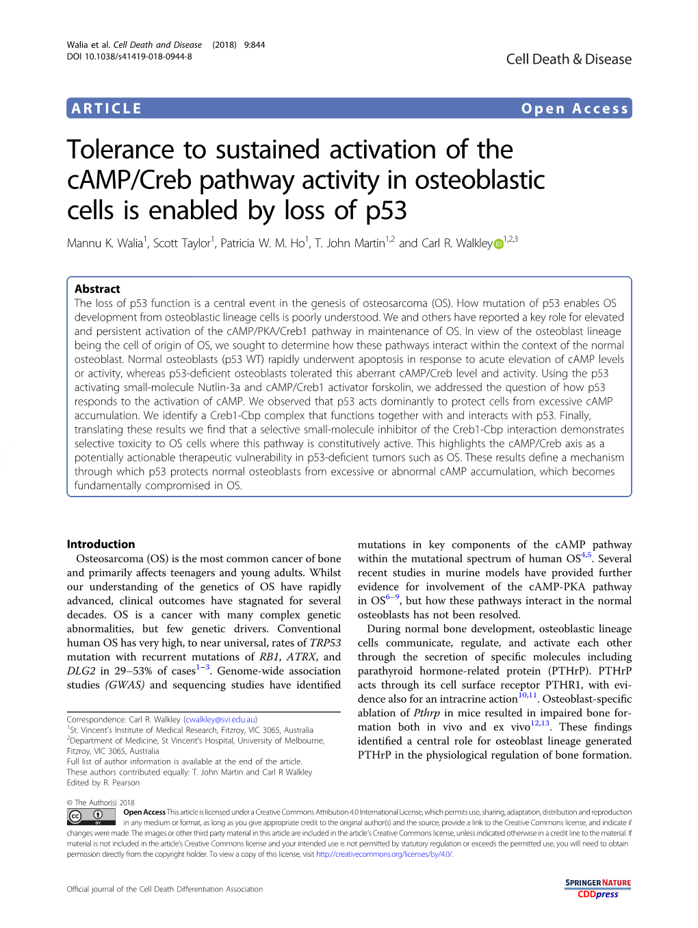 Tolerance to Sustained Activation of the Camp/Creb Pathway Activity in Osteoblastic Cells Is Enabled by Loss of P53 Mannu K