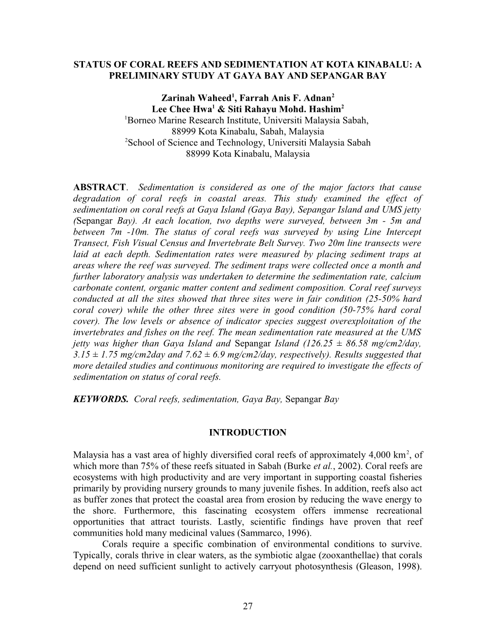 Status of Coral Reefs and Sedimentation at Kota Kinabalu a Preliminary Study at Gaya Bay