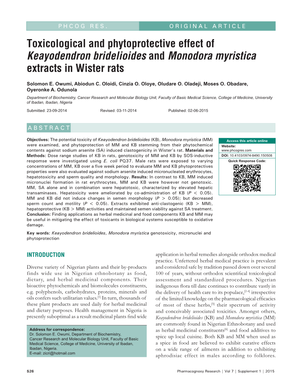 Toxicological and Phytoprotective Effect of Keayodendron Bridelioides and Monodora Myristica Extracts in Wister Rats