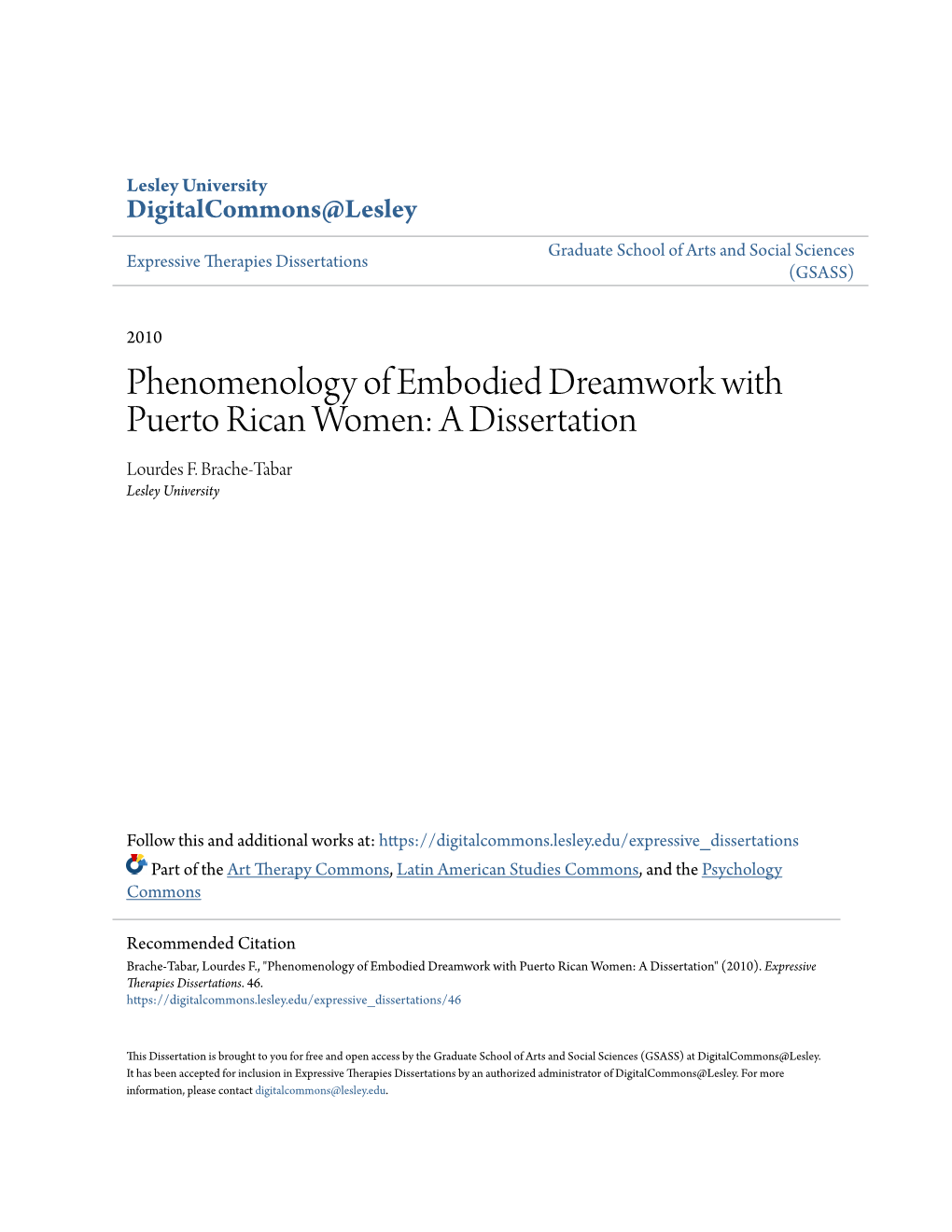 Phenomenology of Embodied Dreamwork with Puerto Rican Women: a Dissertation Lourdes F