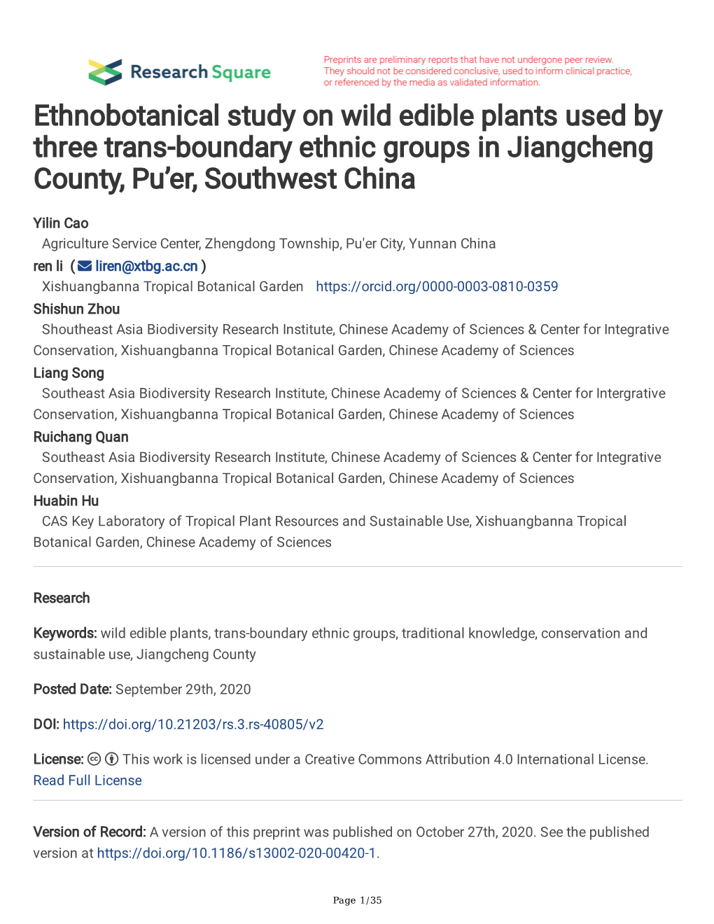 Ethnobotanical Study on Wild Edible Plants Used by Three Trans-Boundary Ethnic Groups in Jiangcheng County, Pu’Er, Southwest China