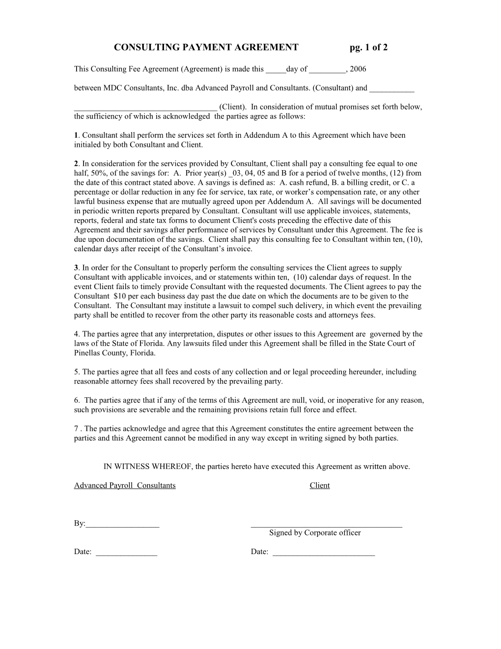 Consulting Payment Agreement