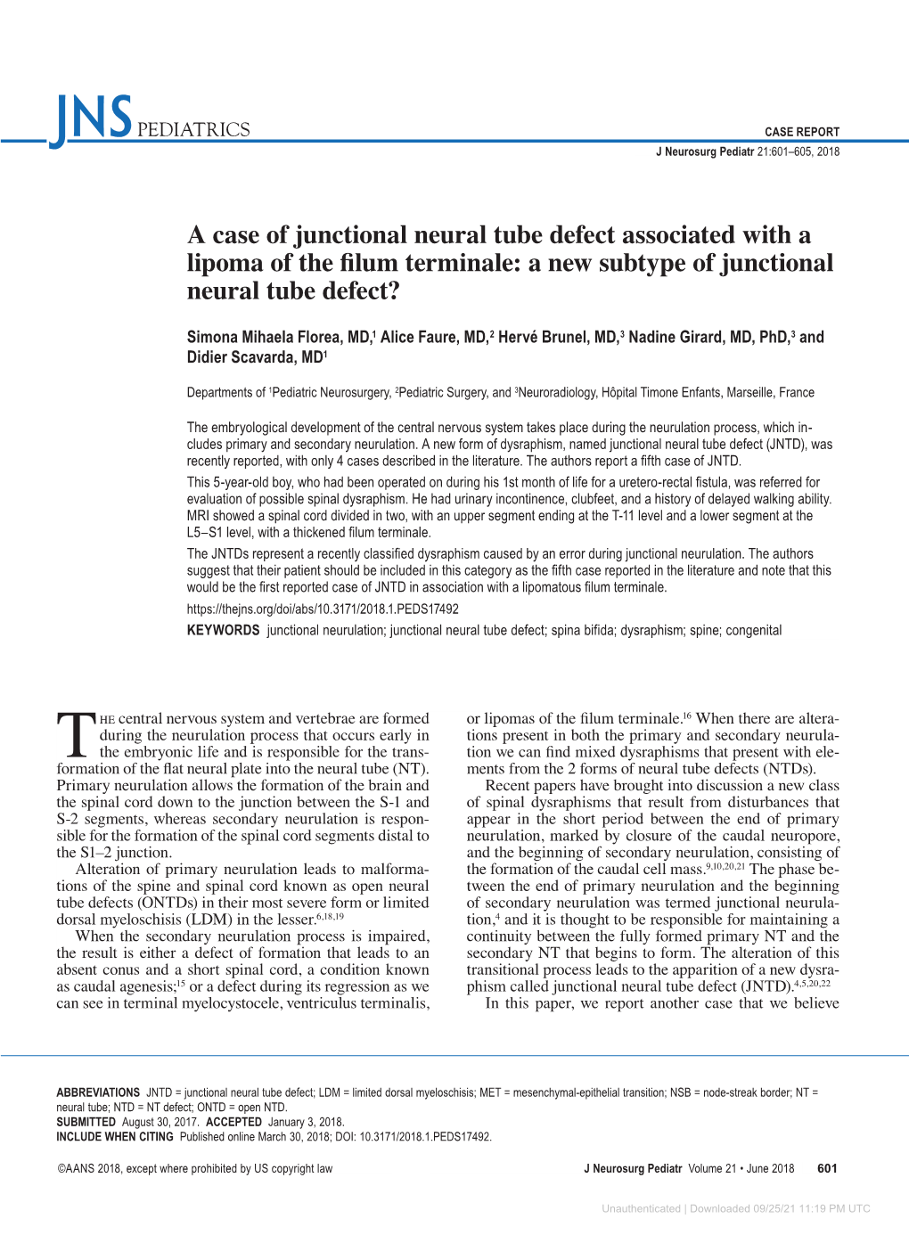 A Case of Junctional Neural Tube Defect Associated with a Lipoma of the Filum Terminale: a New Subtype of Junctional Neural Tube Defect?