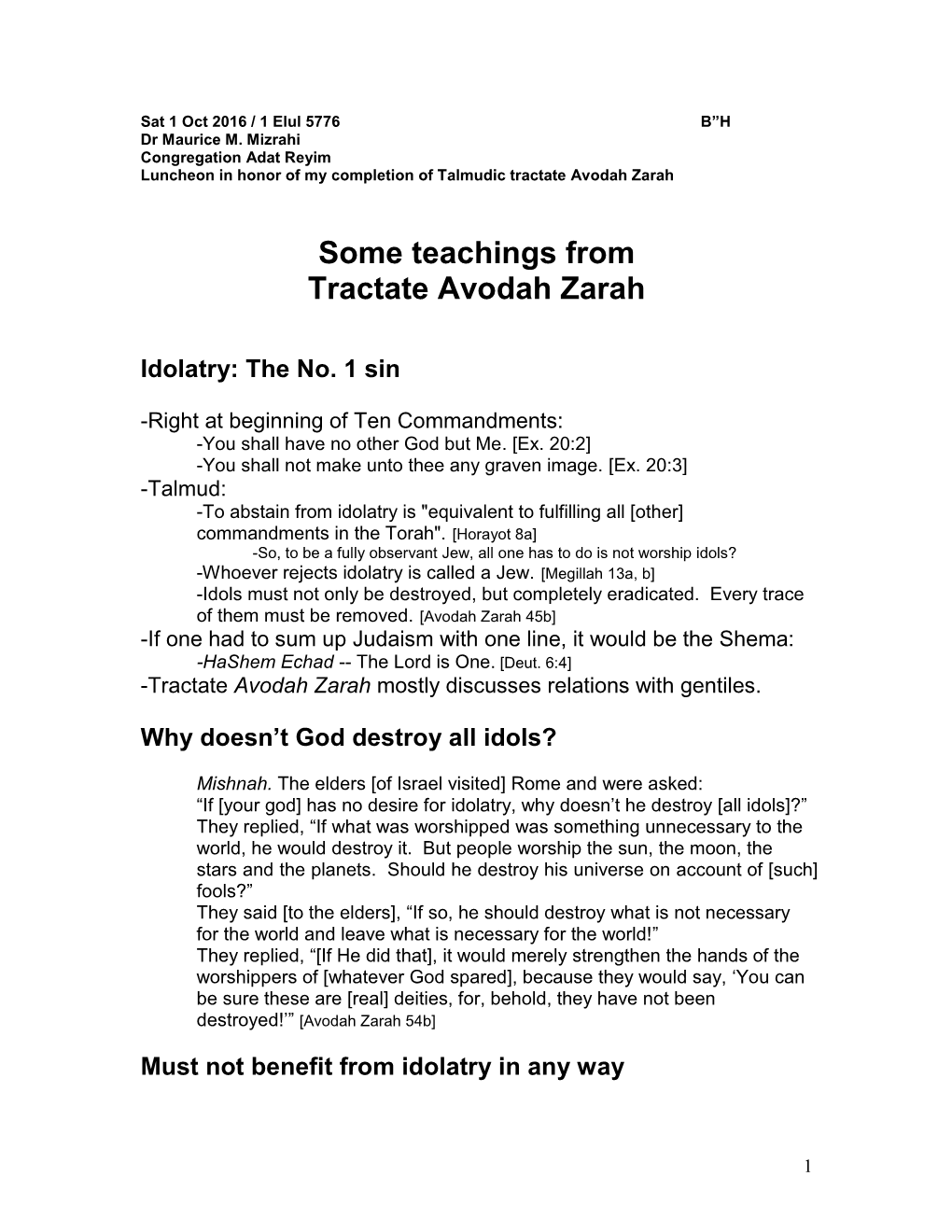 Some Teachings from Tractate Avodah Zarah