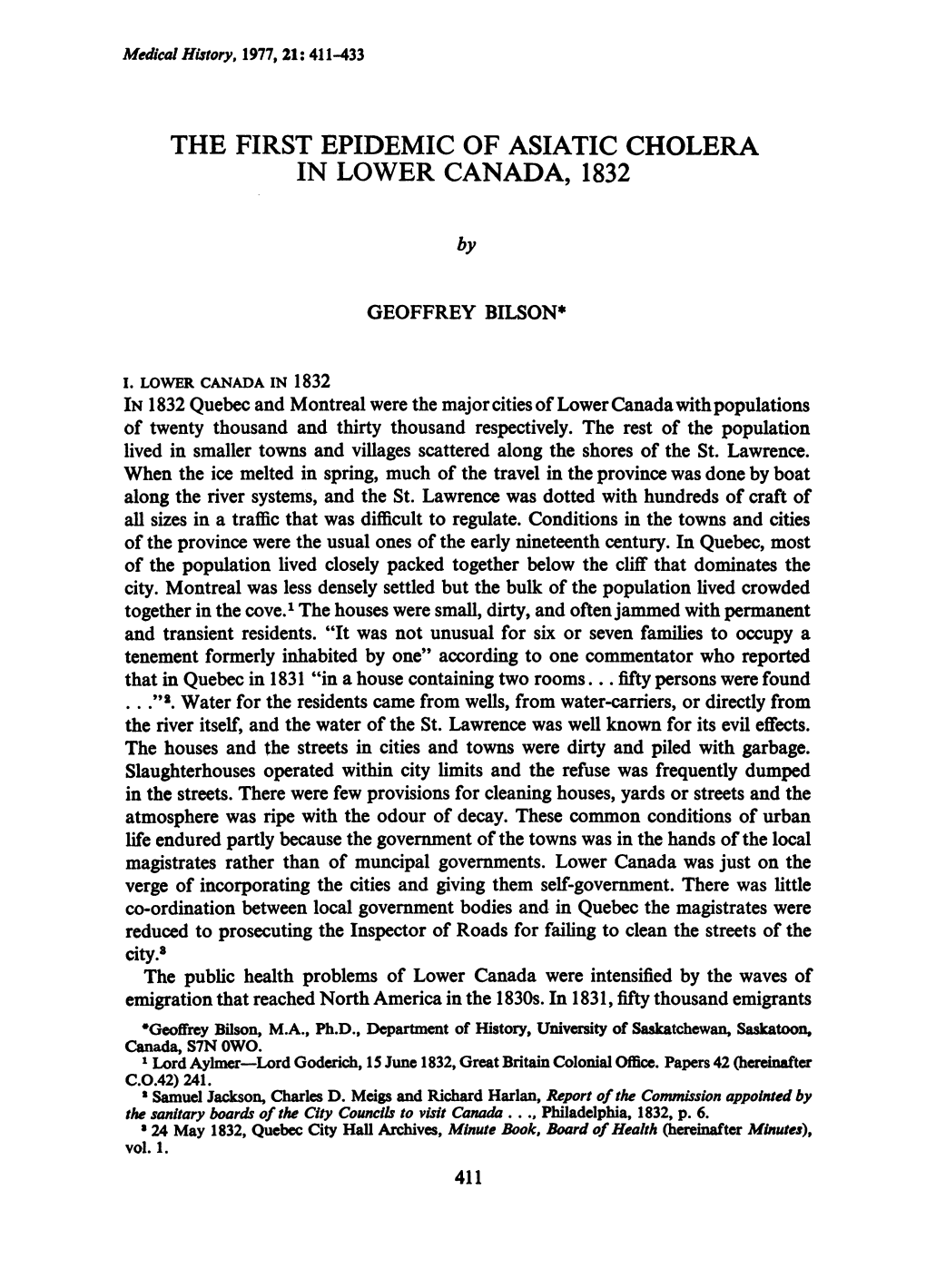 The First Epidemic of Asiatic Cholera in Lower Canada, 1832