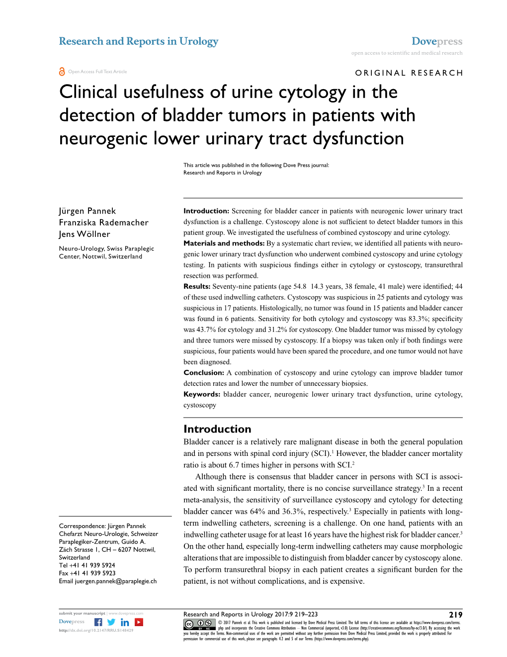 Clinical Usefulness of Urine Cytology in the Detection of Bladder Tumors in Patients with Neurogenic Lower Urinary Tract Dysfunction