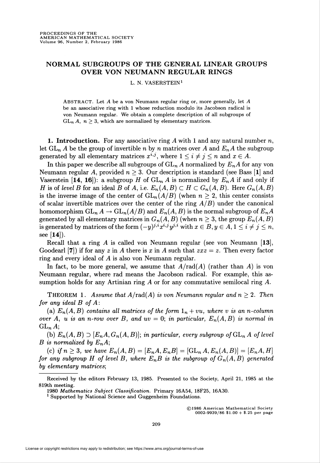 Normal Subgroups of the General Linear Groups Over Von Neumann Regular Rings L