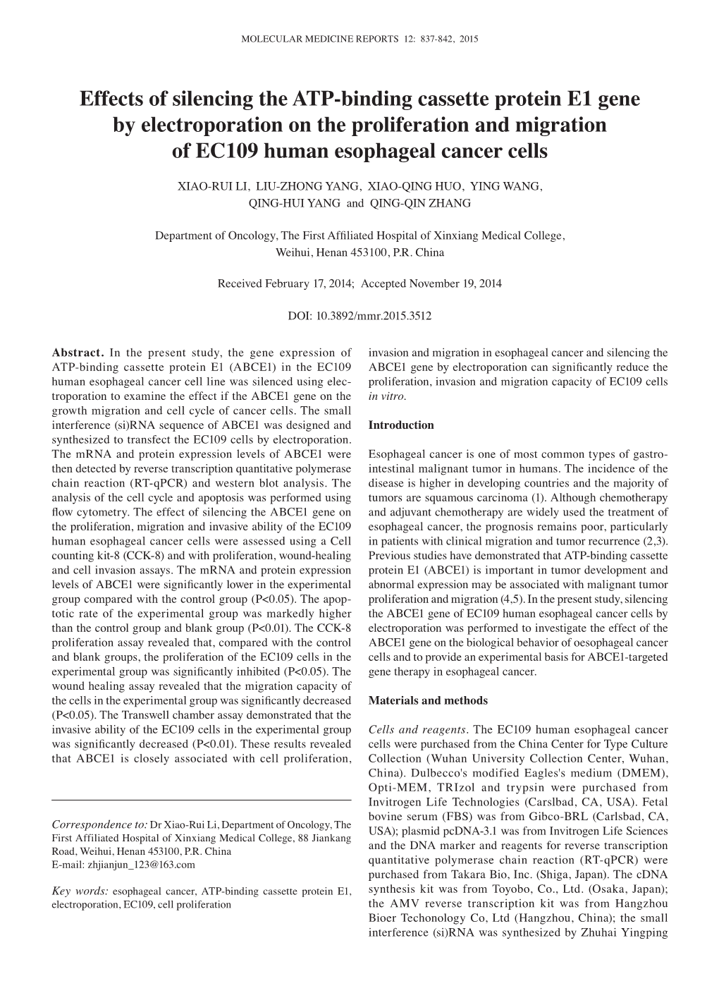 Effects of Silencing the ATP-Binding Cassette Protein E1 Gene by Electroporation on the Proliferation and Migration of EC109 Human Esophageal Cancer Cells