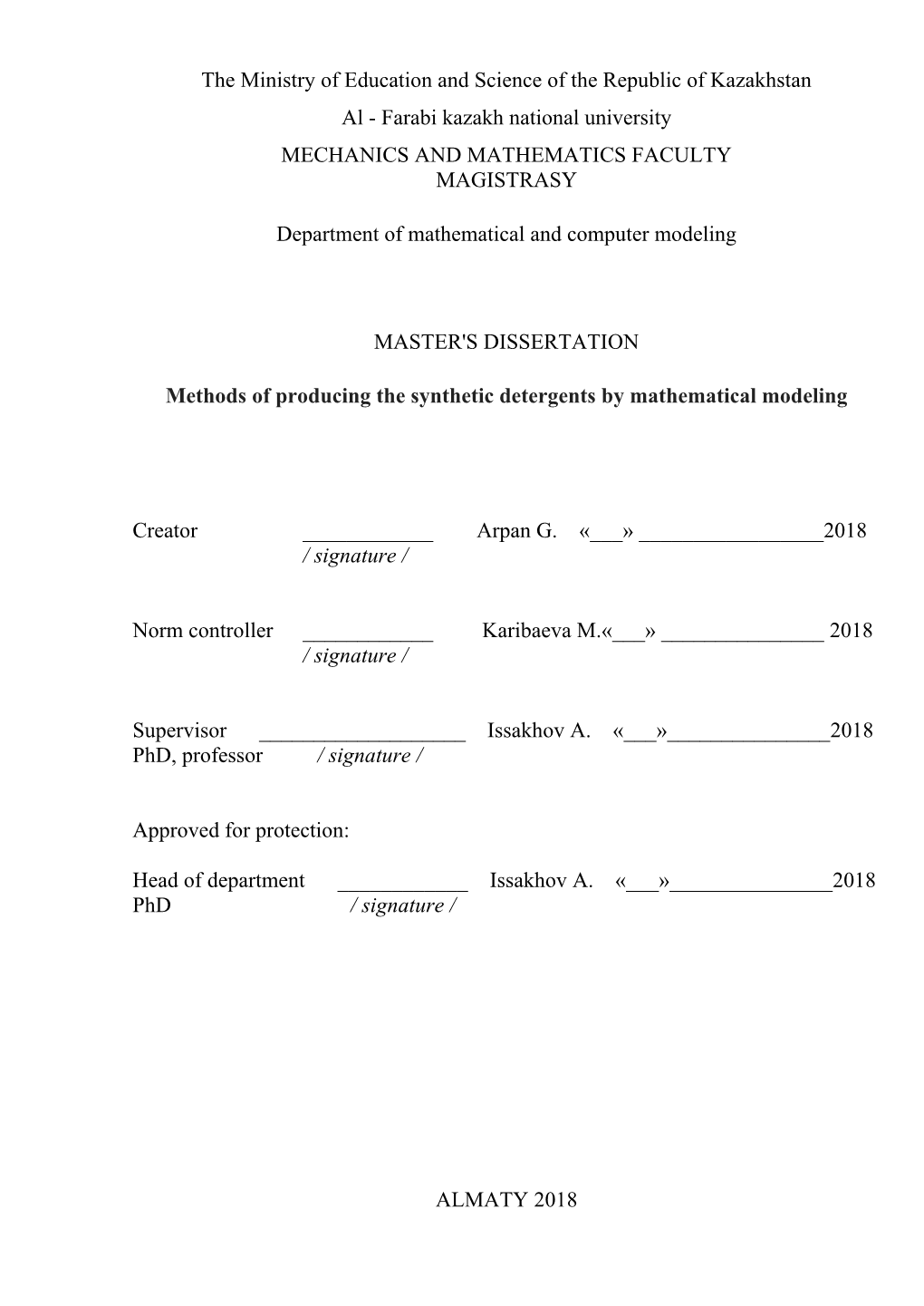 Farabi Kazakh National University MECHANICS and MATHEMATICS FACULTY MAGISTRASY