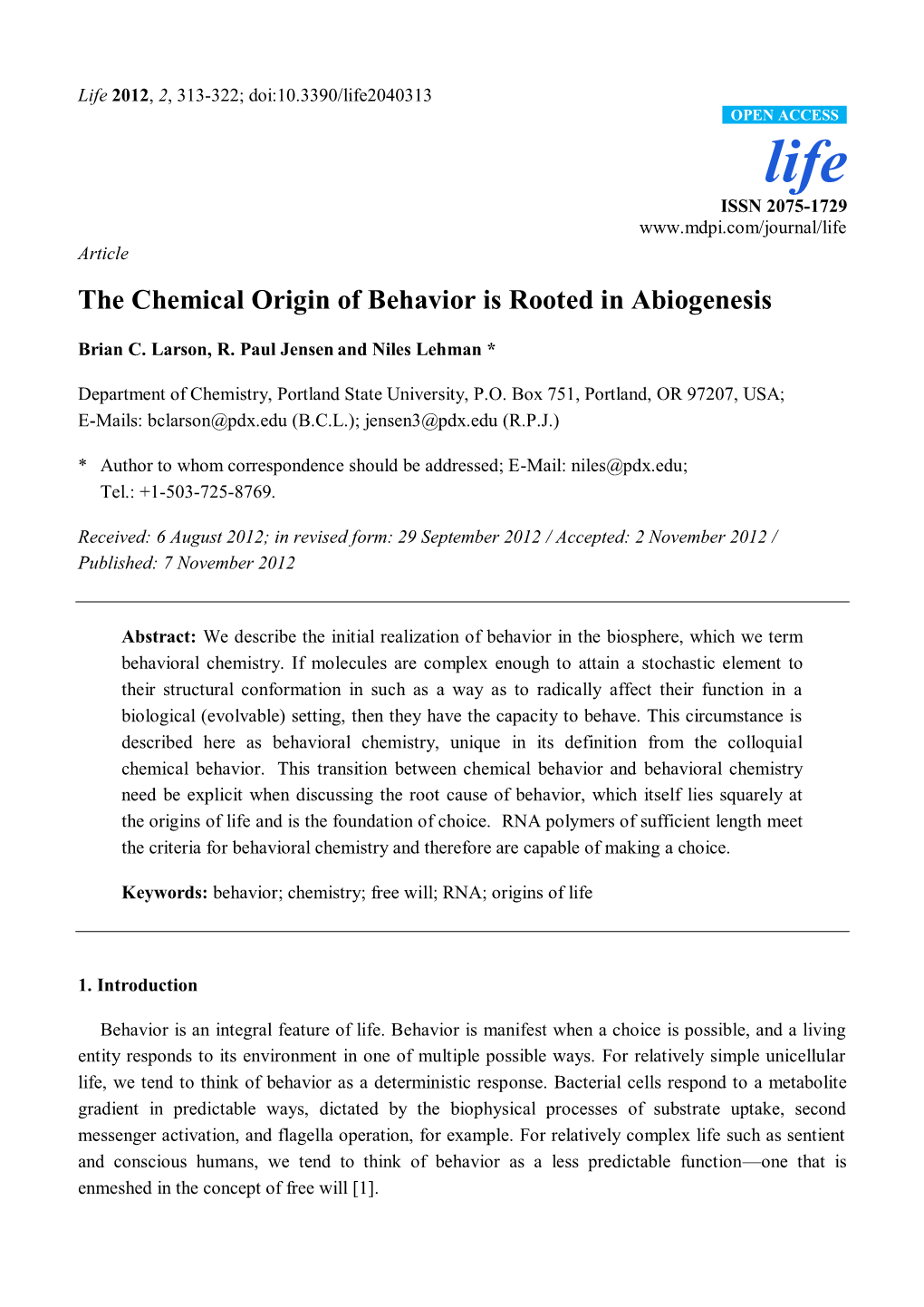 The Chemical Origin of Behavior Is Rooted in Abiogenesis