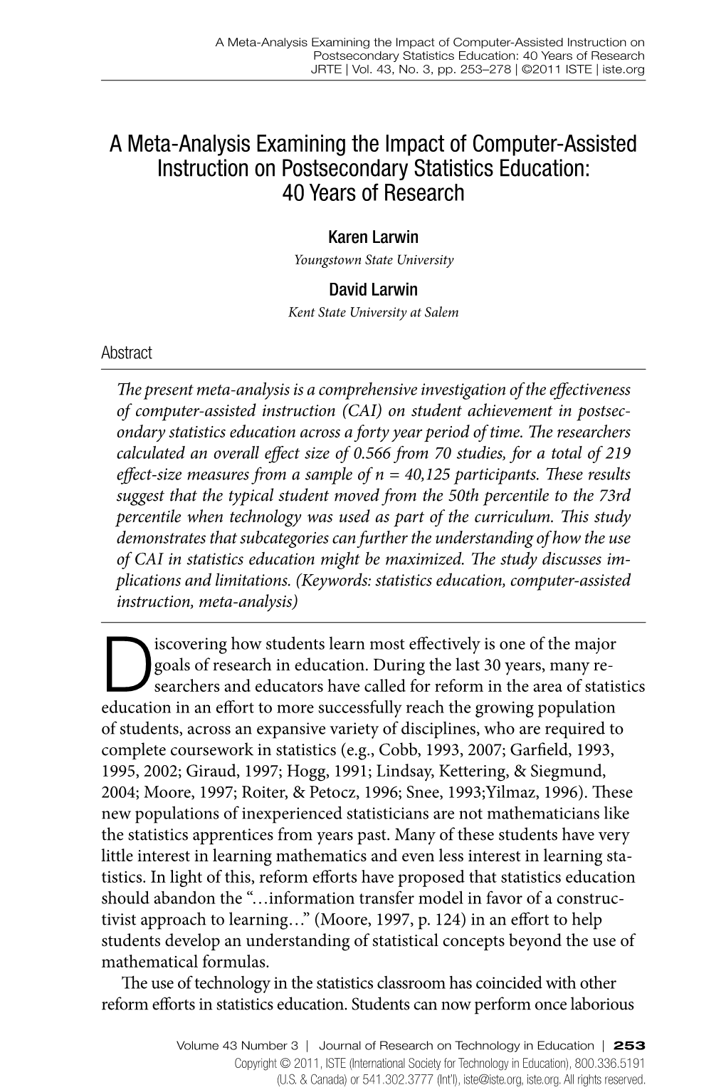 A Meta-Analysis Examining the Impact of Computer-Assisted Instruction on Postsecondary Statistics Education: 40 Years of Research JRTE | Vol