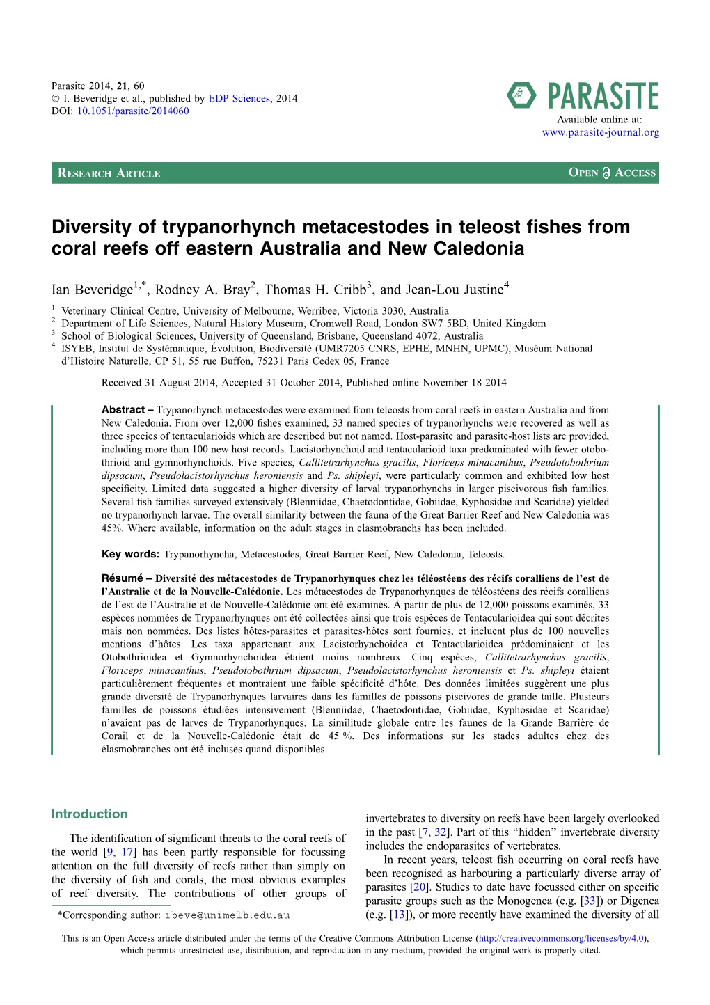 Diversity of Trypanorhynch Metacestodes in Teleost Fishes from Coral Reefs Off Eastern Australia and New Caledonia