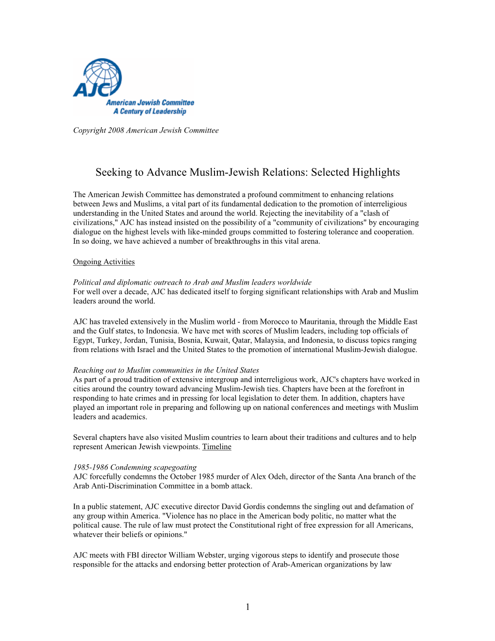 Seeking to Advance Muslim-Jewish Relations: Selected Highlights