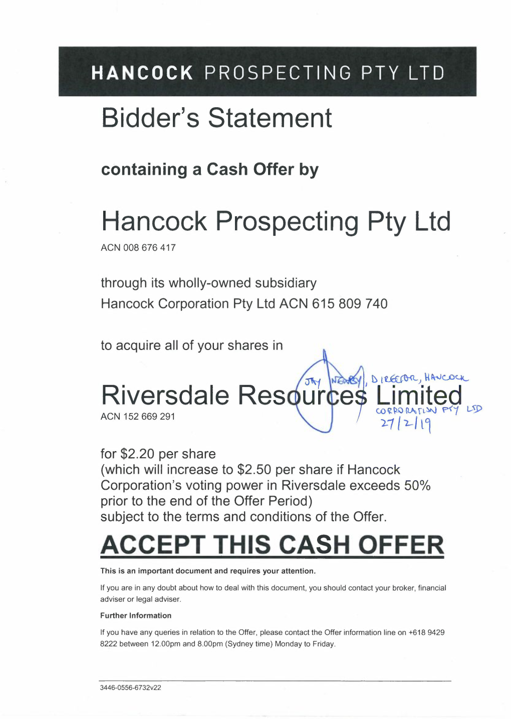 Bidder's Statement Hancock Prospecting Pty Ltd Riversdale Res E ' Limited