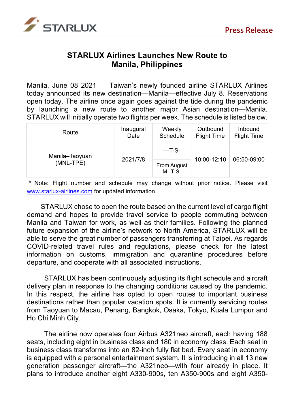 STARLUX Airlines Launches New Route to Manila, Philippines