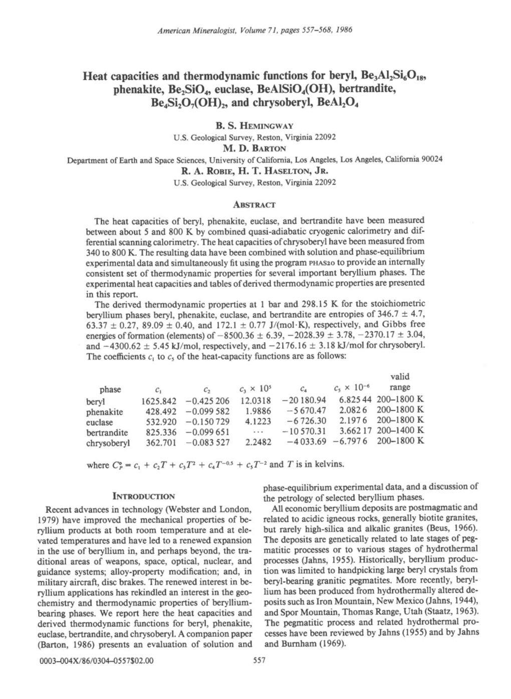 Heat Capacities and Thermodynamic Functions for Beryl, Beralrsiuotr