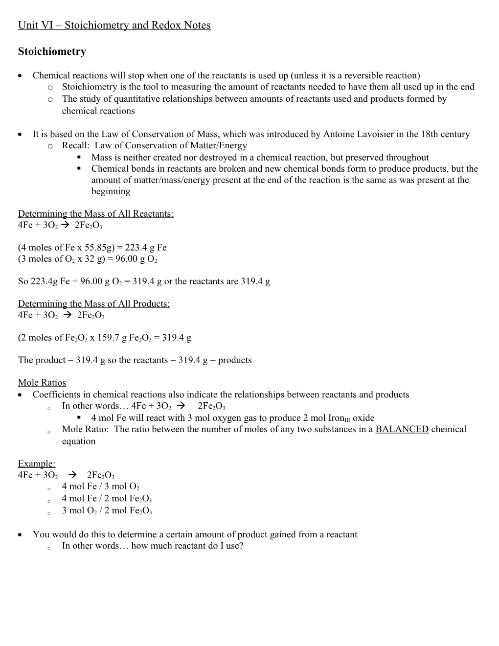 Unit VI Stoichiometry and Redox Notes