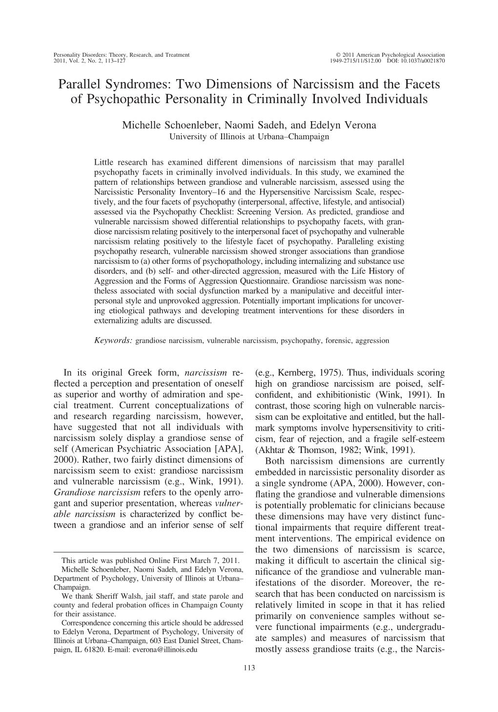 Parallel Syndromes: Two Dimensions of Narcissism and the Facets of Psychopathic Personality in Criminally Involved Individuals