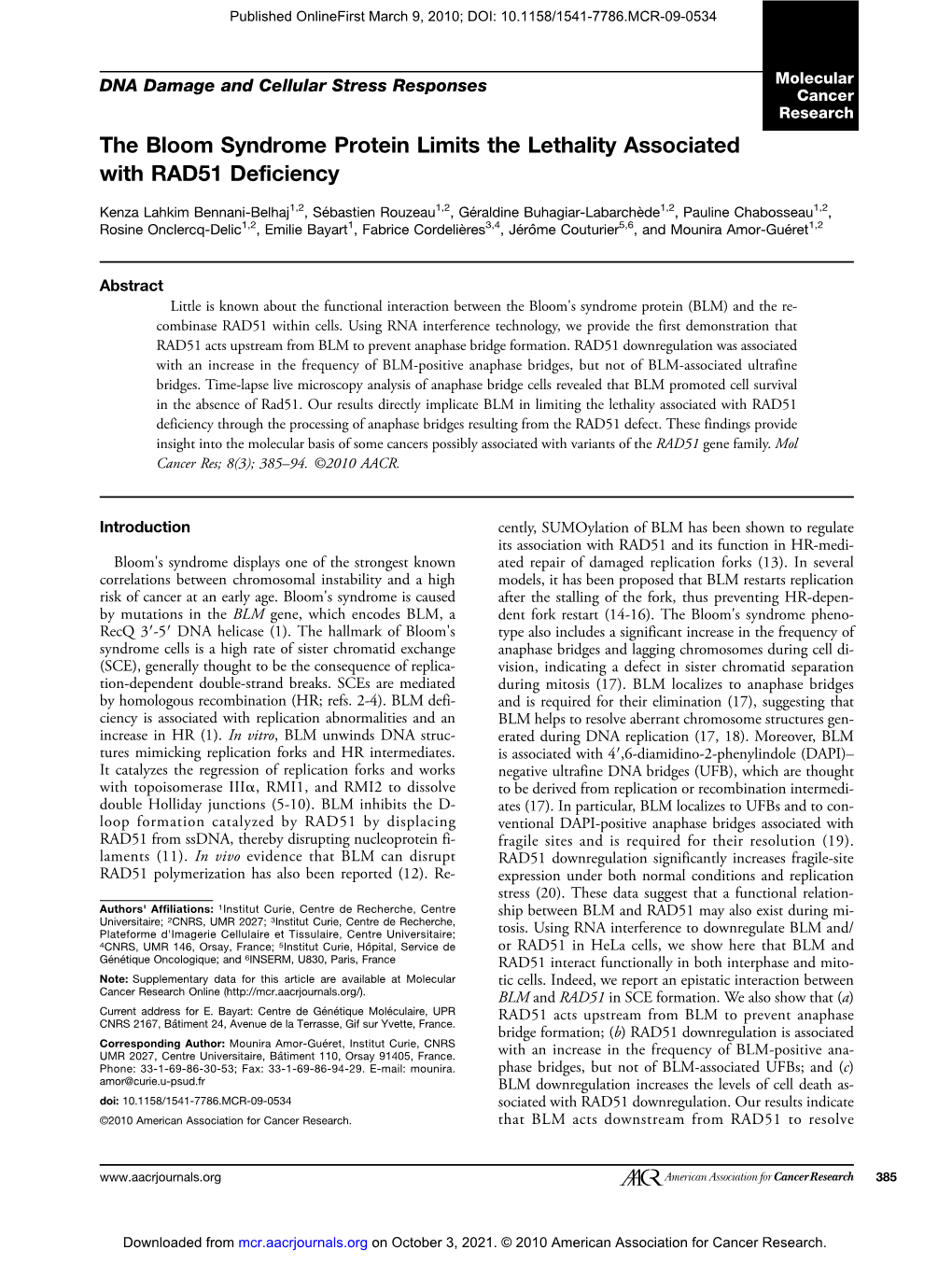 The Bloom Syndrome Protein Limits the Lethality Associated with RAD51 Deficiency