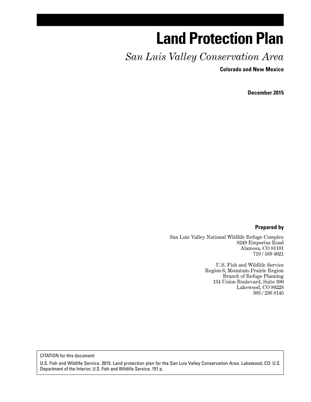 San Luis Valley Conservation Area Land Protection Plan, Colorado And