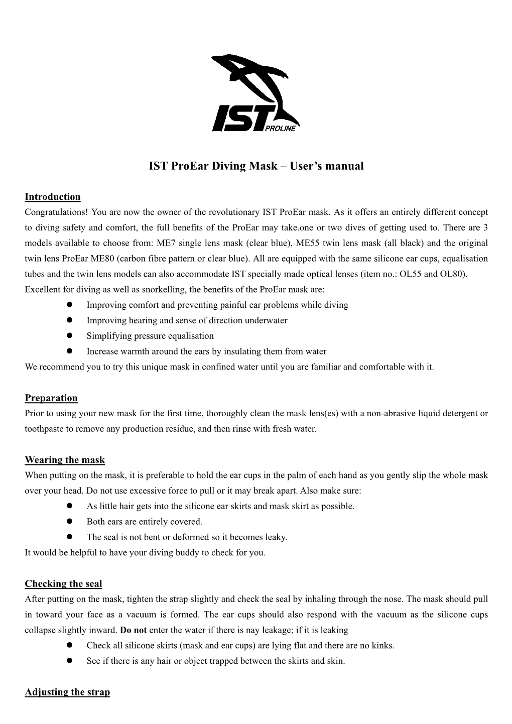 IST Proear Diving Mask – User’S Manual