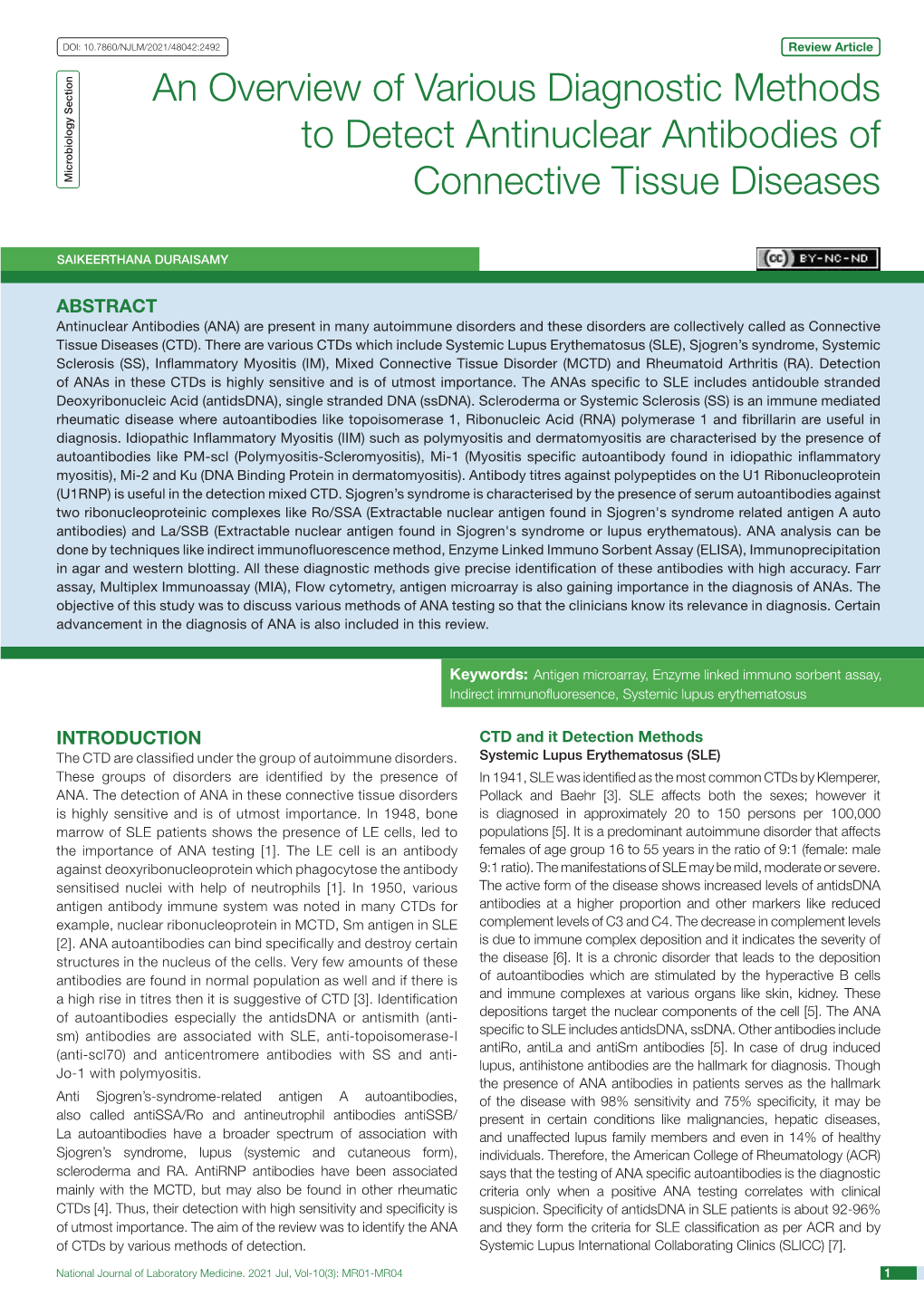 An Overview of Various Diagnostic Methods to Detect Antinuclear Antibodies of Connective Tissue Diseases