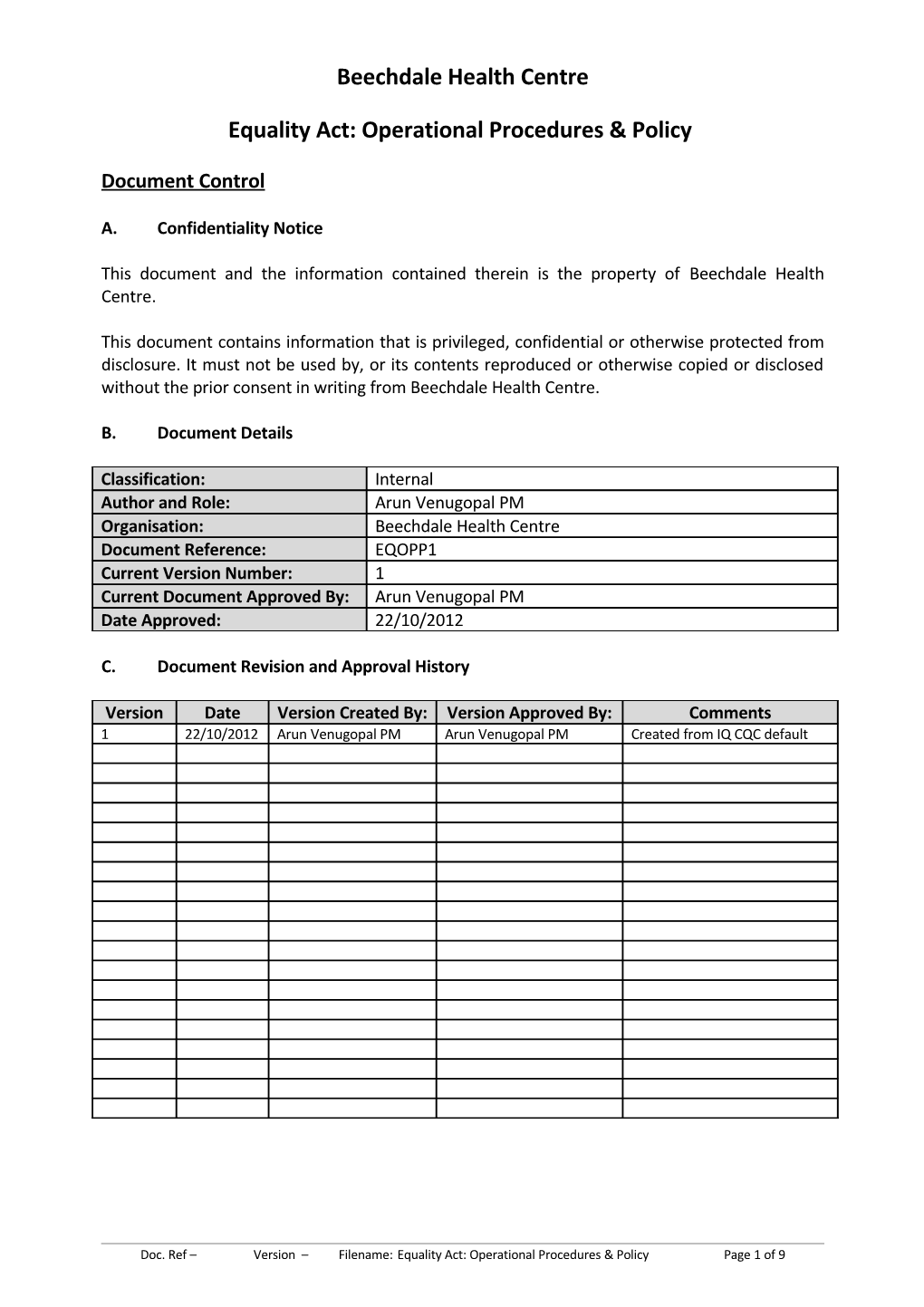 Equality Act: Operational Procedures & Policy