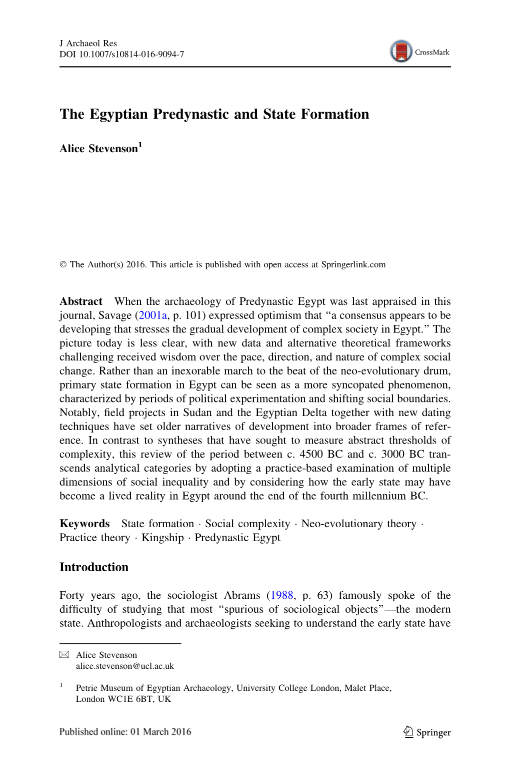 The Egyptian Predynastic and State Formation