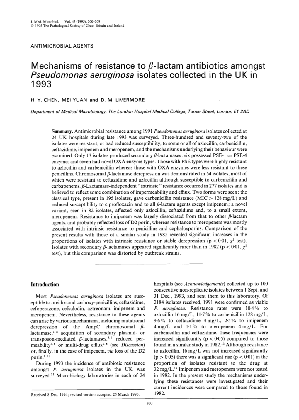 Mechanisms of Resistance to P-Lactam Antibiotics Amongst 1993