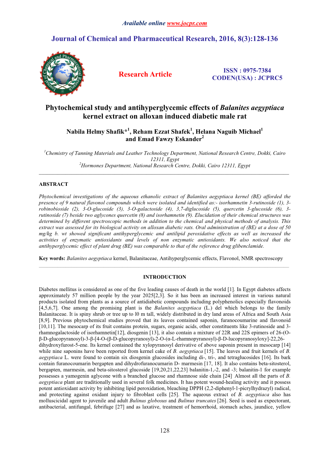 Phytochemical Study and Antihyperglycemic Effects of Balanites Aegyptiaca Kernel Extract on Alloxan Induced Diabetic Male Rat