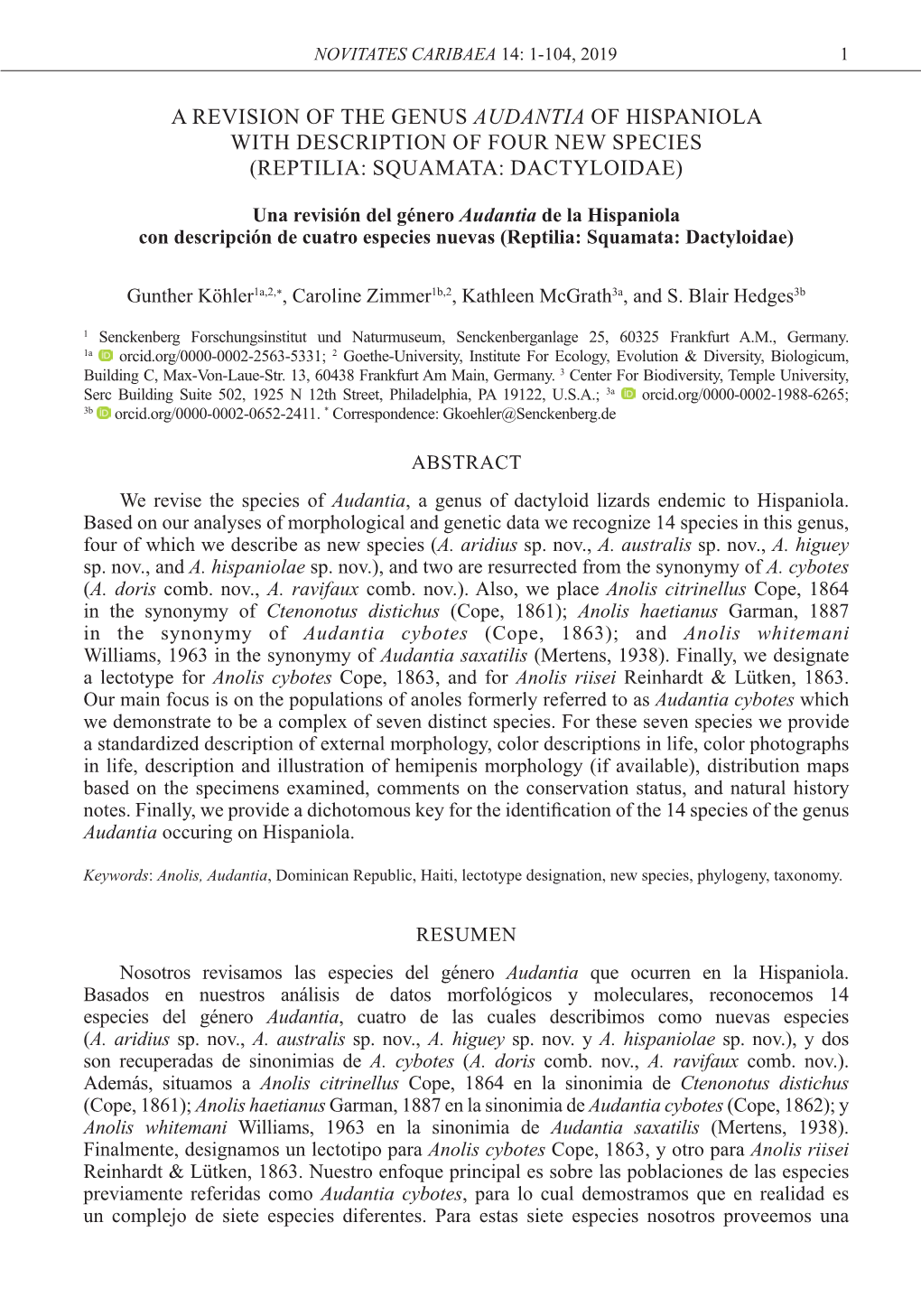 A Revision of the Genus Audantia of Hispaniola with Description of Four New Species (Reptilia: Squamata: Dactyloidae)