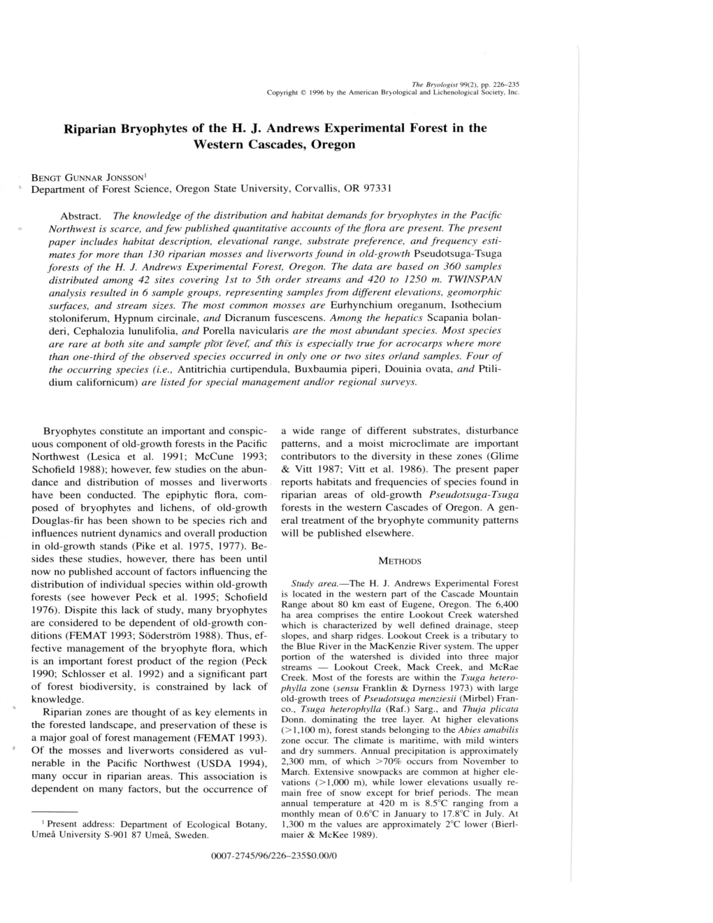 Riparian Bryophytes of the H. J. Andrews Experimental Forest in the Western Cascades, Oregon