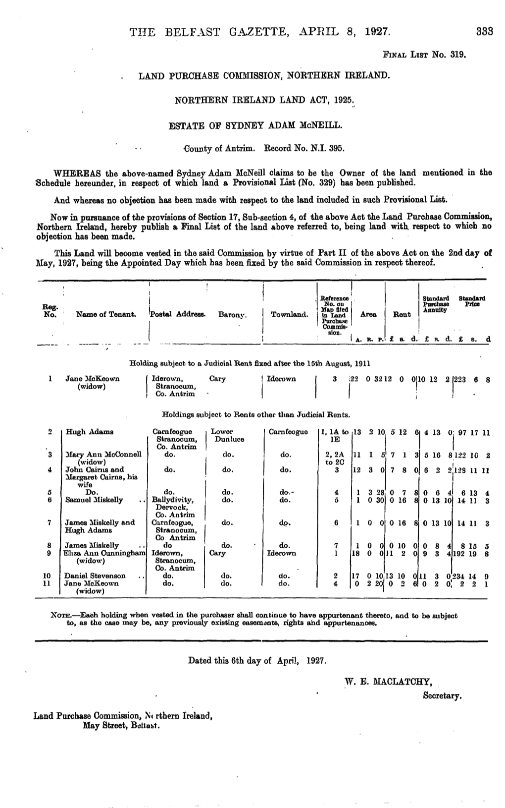 The Belfast Gazette, April 8, 1927. 333