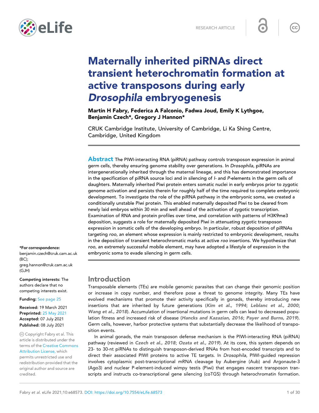 Maternally Inherited Pirnas Direct Transient Heterochromatin Formation