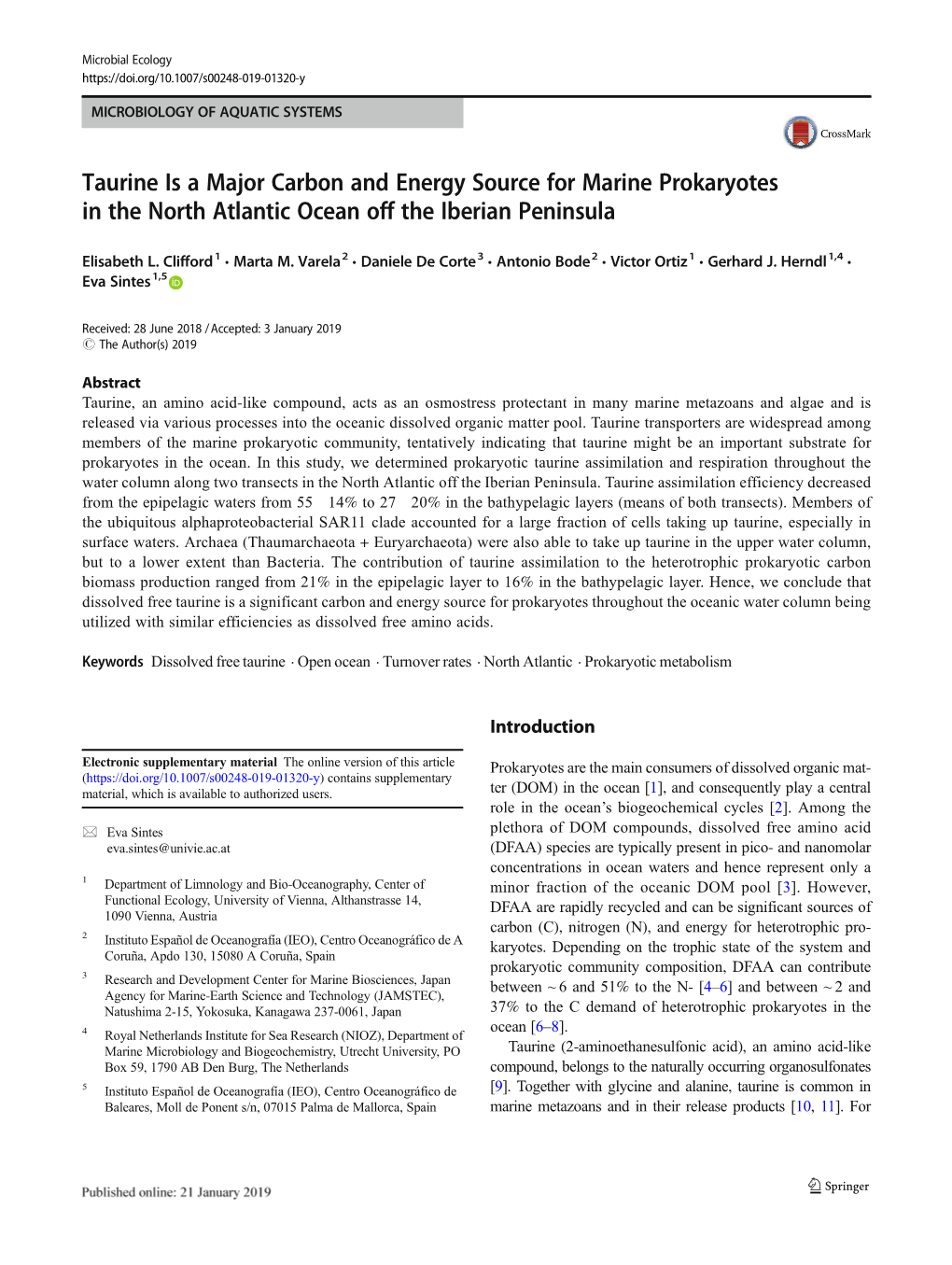 Taurine Is a Major Carbon and Energy Source for Marine Prokaryotes in the North Atlantic Ocean Off the Iberian Peninsula