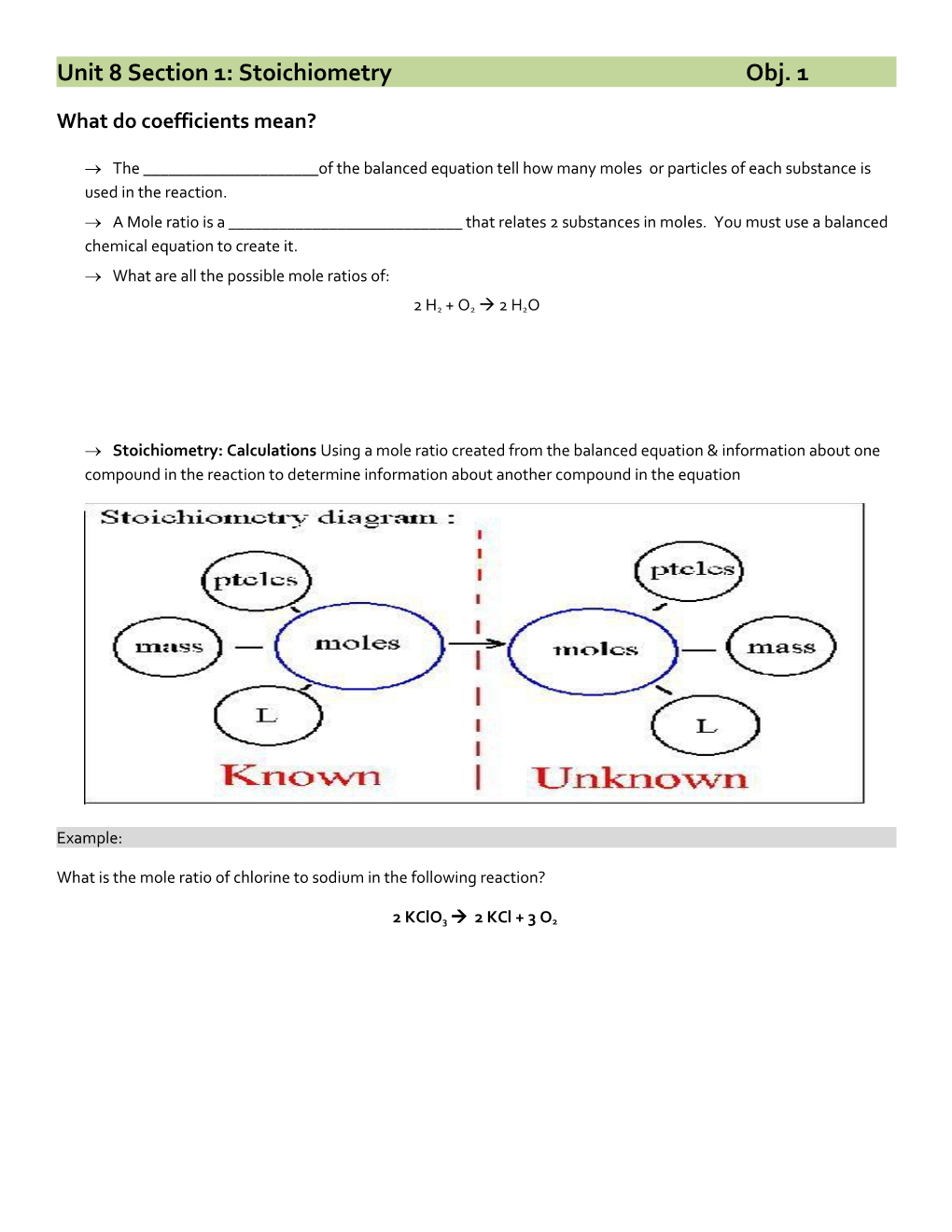 Unit 8 Section 1: Stoichiometry Obj. 1